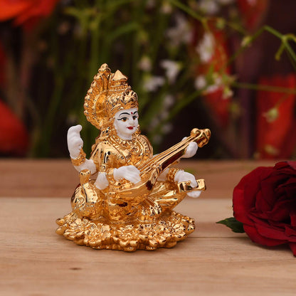 Gold Plated Ceramic  Saraswati Playing Veena Idol Showpiece Smas101