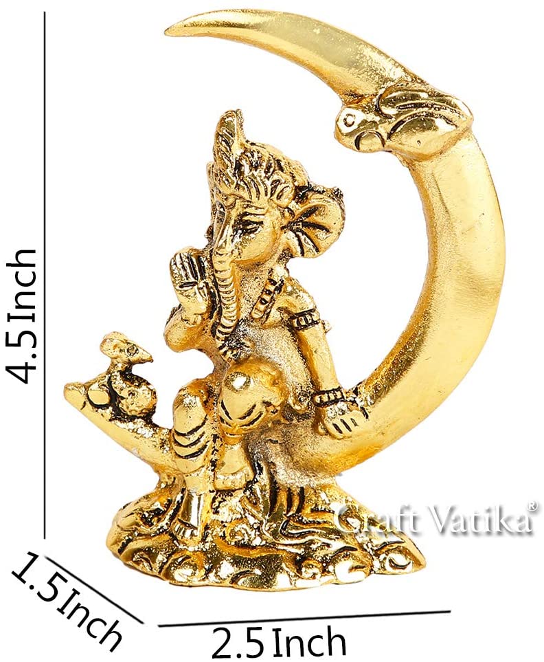 Gold Plated Metal Lord Ganesha Sitting on Moon Idol
