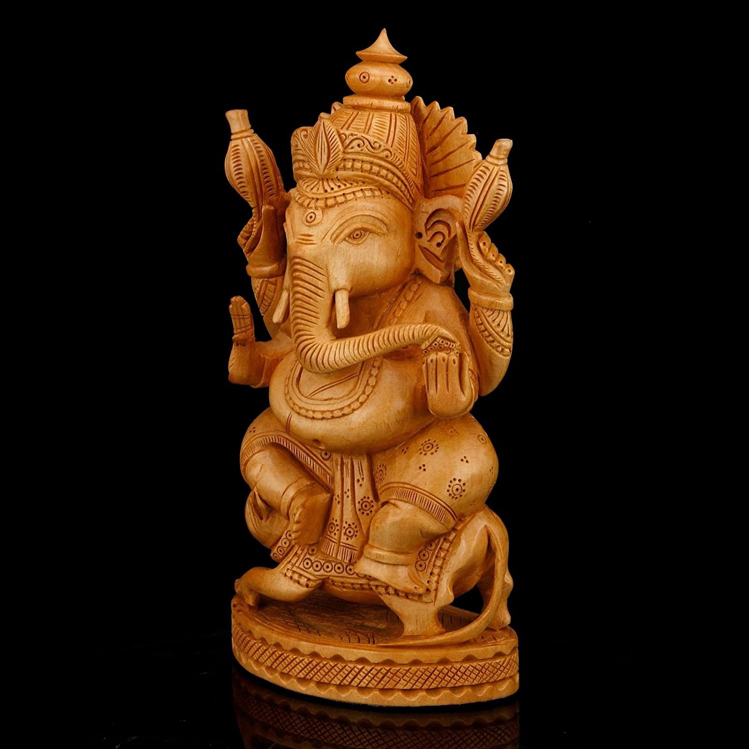 Idol Of Ganesha Sitting On Mooshak Mouse Wooden Statue Gws141