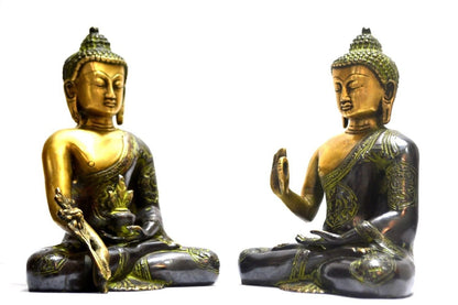 Set Of 3 Antique Brass Buddha Idol Statues, Earth Touching, Blessing, Medicine-Bts232