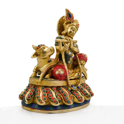 Statue of Lord Krishna Sitting with Cow KTS124