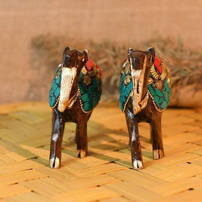 Wooden Art Pair of Camel with Stone Work Showpiece