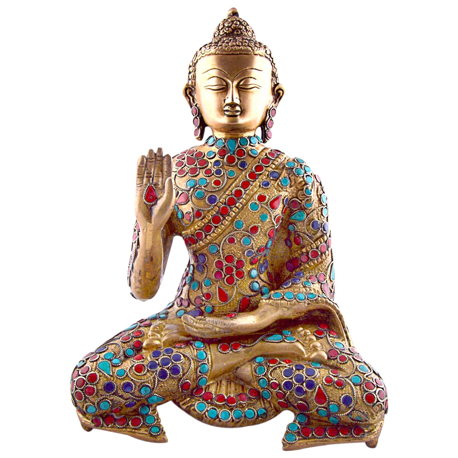 Large Buddha Brass Statue in Abhaya Mudra Colorful Idol