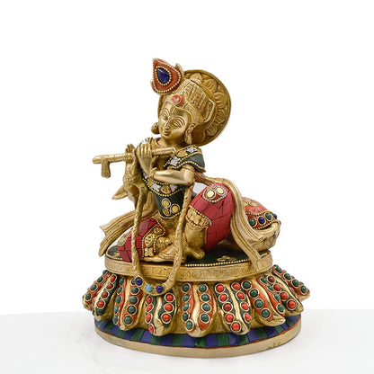 Statue of Lord Krishna Sitting with Cow KTS124