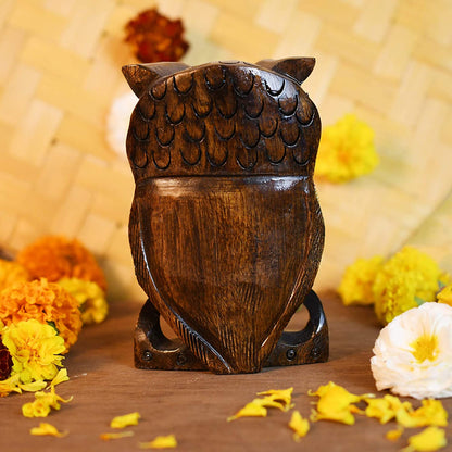 Wooden Carving Hand-painted Owl Statue With Multicolored