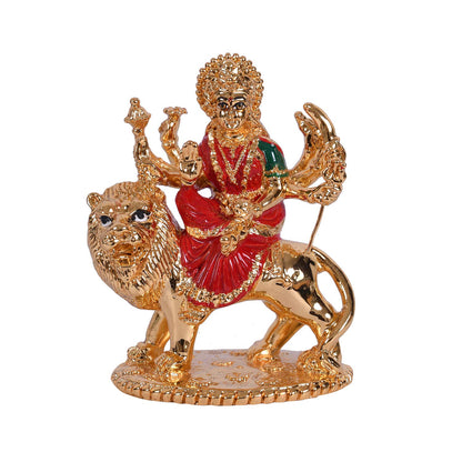 Gold Plated Ceramic Durga Idol On Lion Showpiece