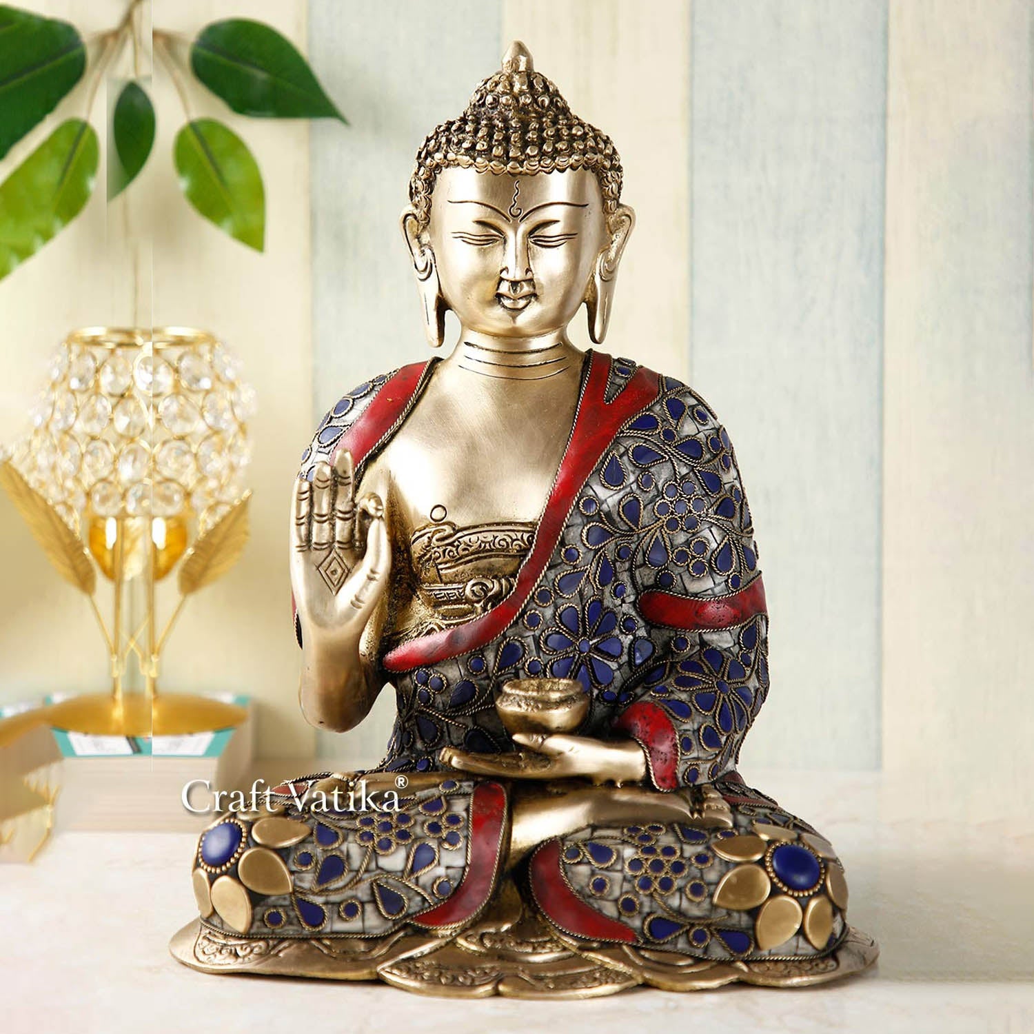 Brass Idol of Buddha With Sacred Kalash Worship Figurine