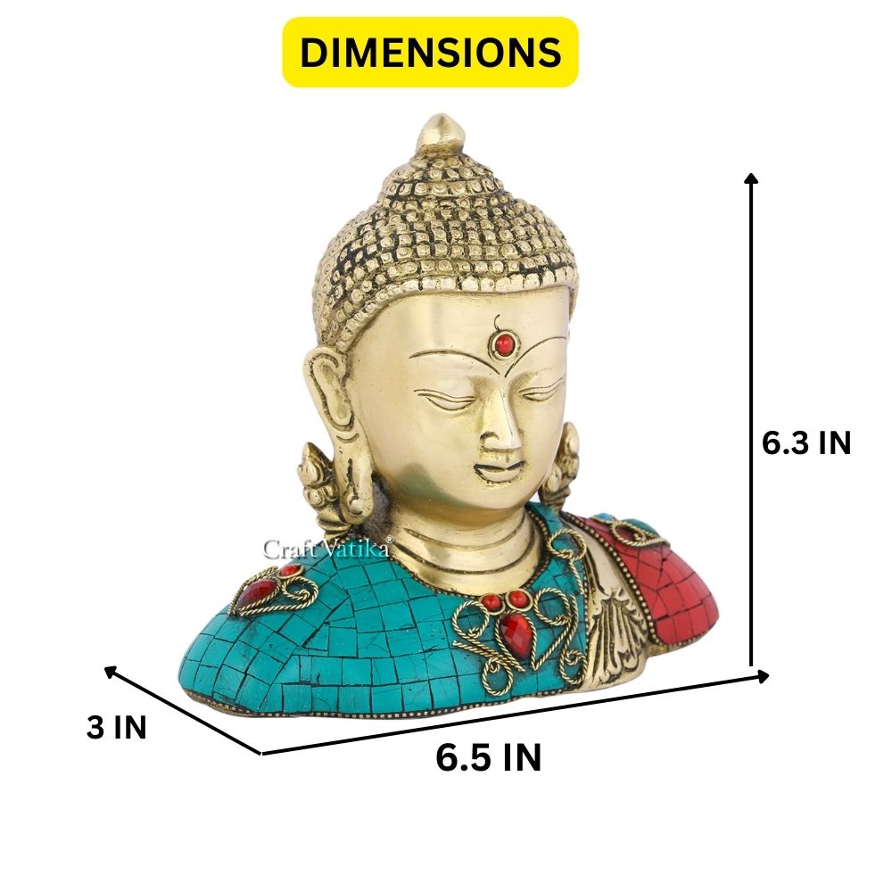 Brass Buddha Head Bust Idol Turquoise Stone Showpiece Statue Bts244