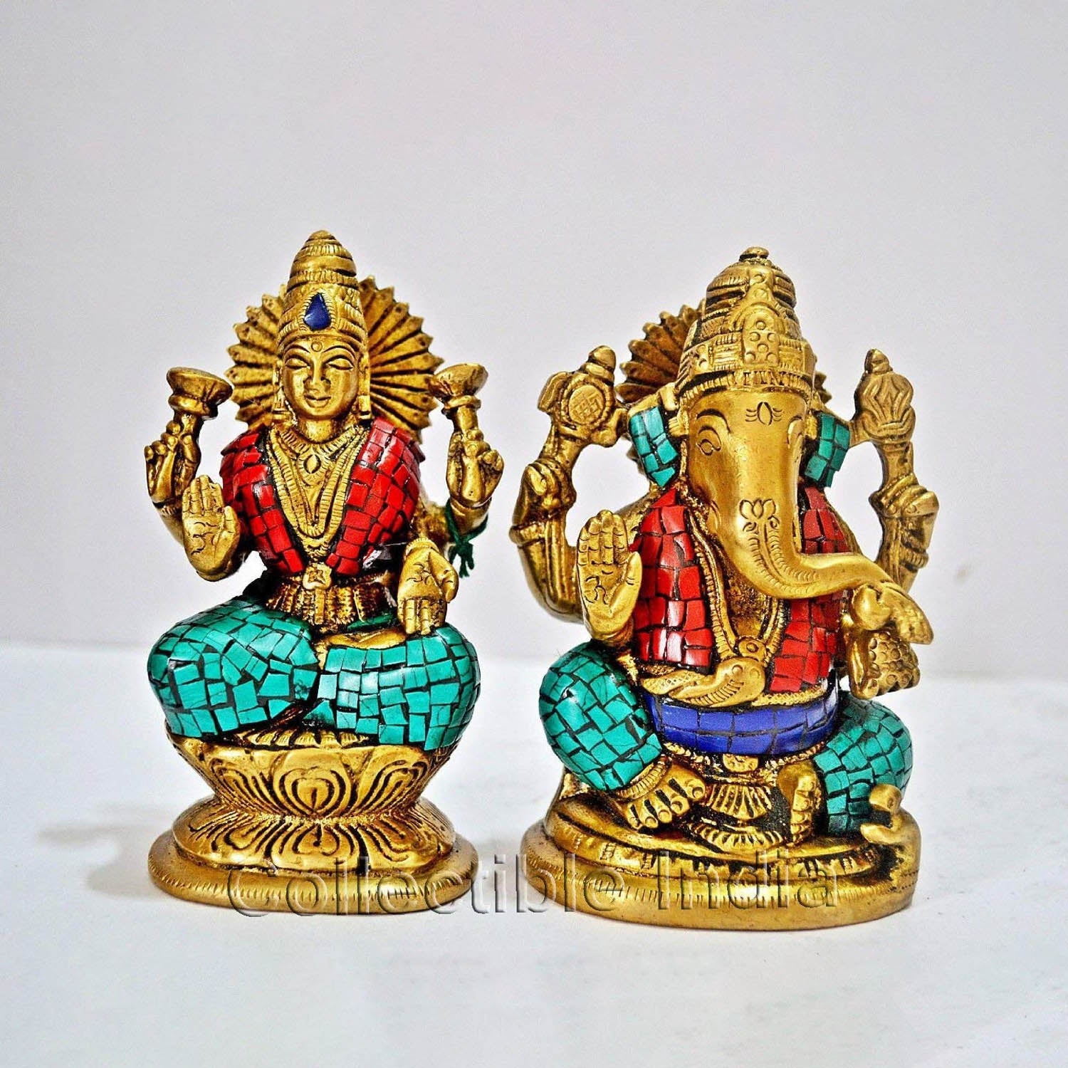Pair Of Lakshmi Ganesha Brass Idol Murti Statue