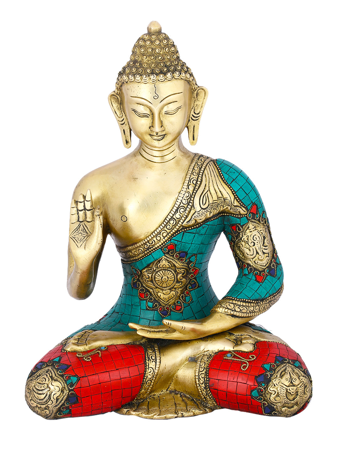 Brass Blessing Buddha Idol Turquoise Colorful Stones Showpiece Bts228