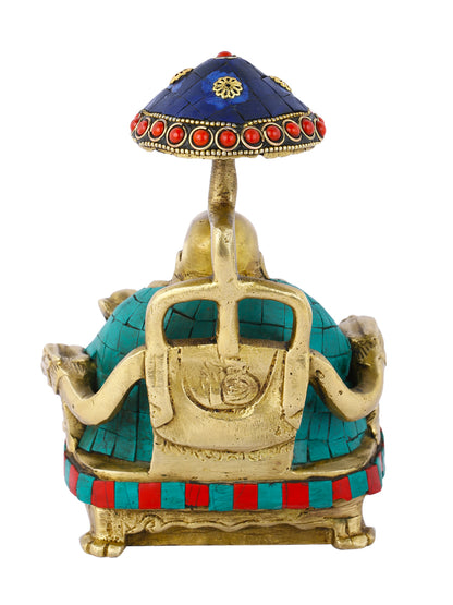 Brass Laughing Buddha Statue Sitting Under Umbrella-Bts198