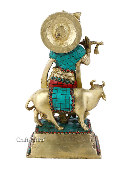 Lord Krishna With Cow Brass Decorative Statue Kts115