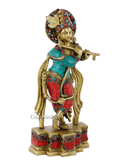 Brass Standing Flute Playing Krishna Statue Kts107