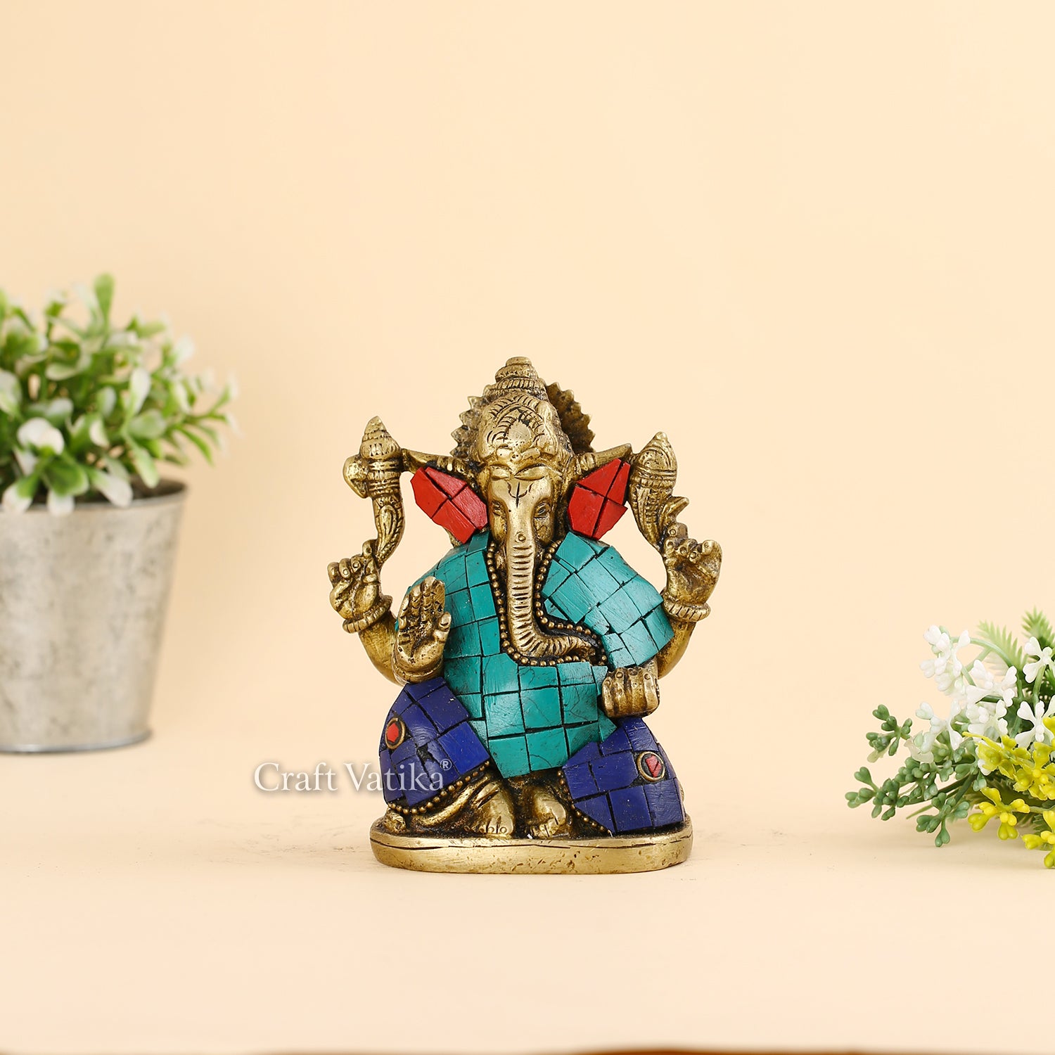 Brass Blessing Ganesh Chaturbhuj Posing Idol Murti Gts214