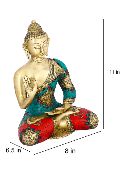 Brass Blessing Buddha Idol Turquoise Colorful Stones Showpiece Bts228